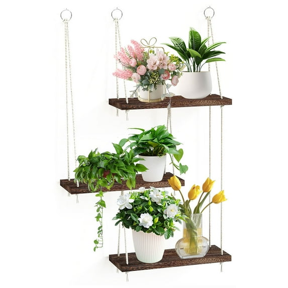 Kabuer 3-Tier Hanging Shelves Bohemian Floating Shelves Wood Wall Decor for Home Bedroom Living Room