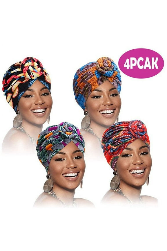African Head Wraps Comfortable and Breathable Unisex Head Wrap Colorful Fabric Multicolored, 4 PCS