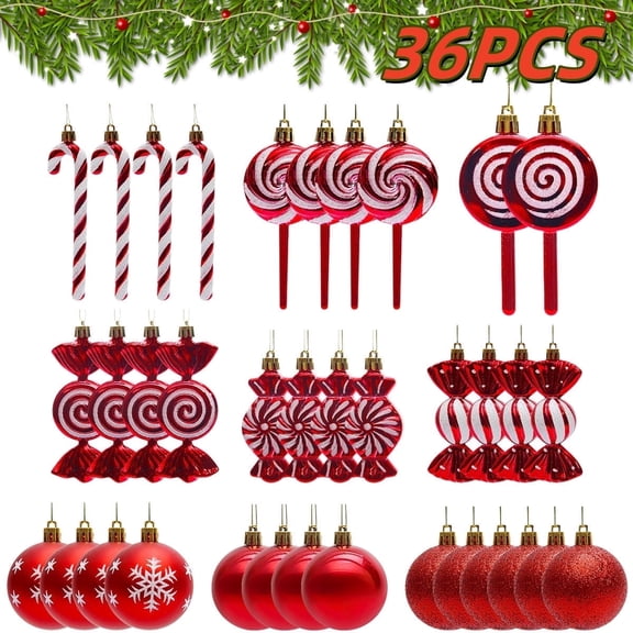 Christmas Candy Ornament Set Plastic Peppermint Candy Cane Christmas Decorations Christmas Candy Lollipop Ornament Xmas Hanging Decorations with Rope 36 Pcs