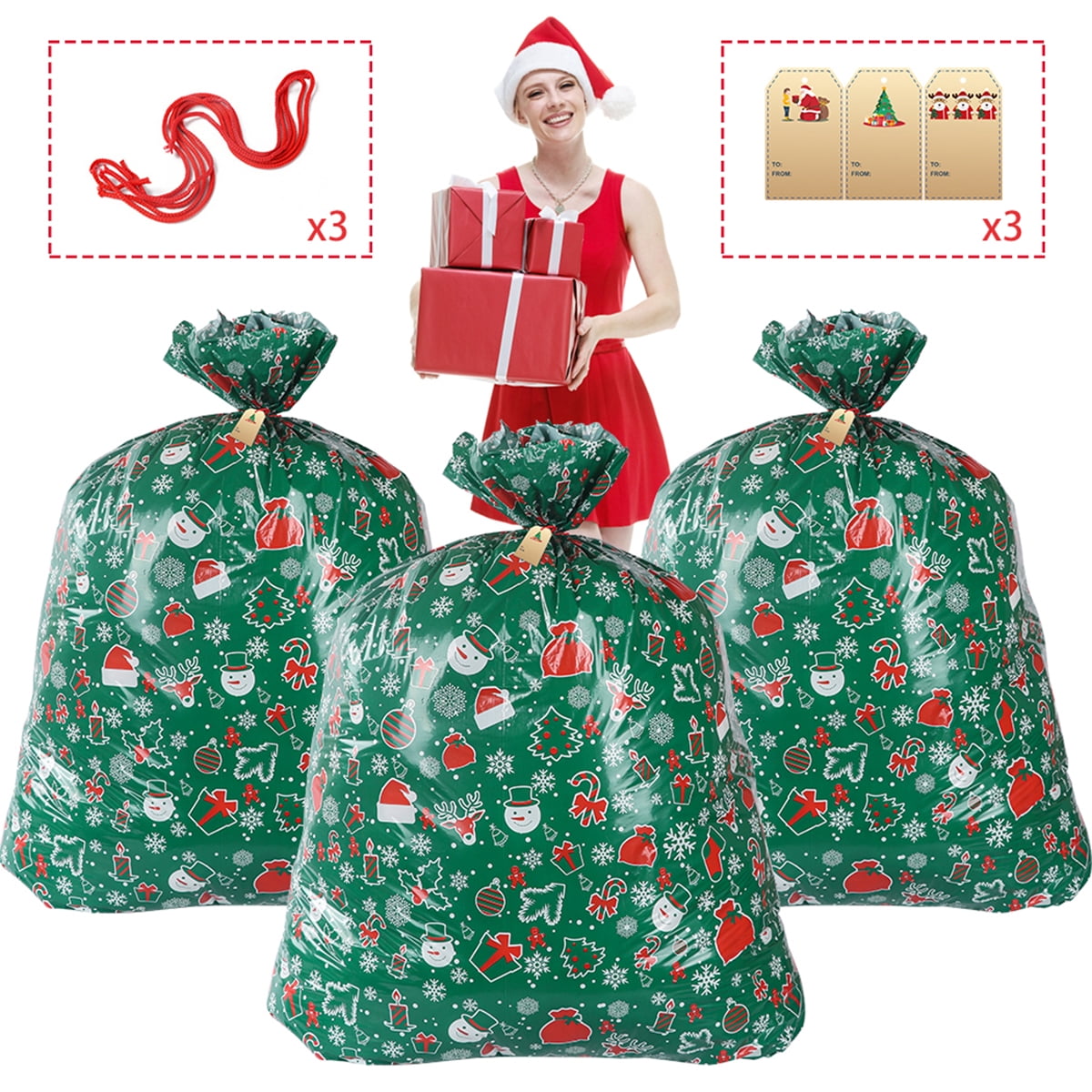 Kabuer Christmas Large Plastic Bags Jumbo Gift Bags Xmas Extra Large Gift Bags 36*56 in 3pcs