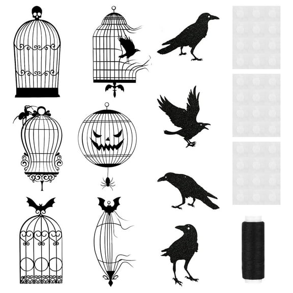 Kabuer Crow Cage Hanging Decorations for Horror Theme Party Supplies, Glitter Black
