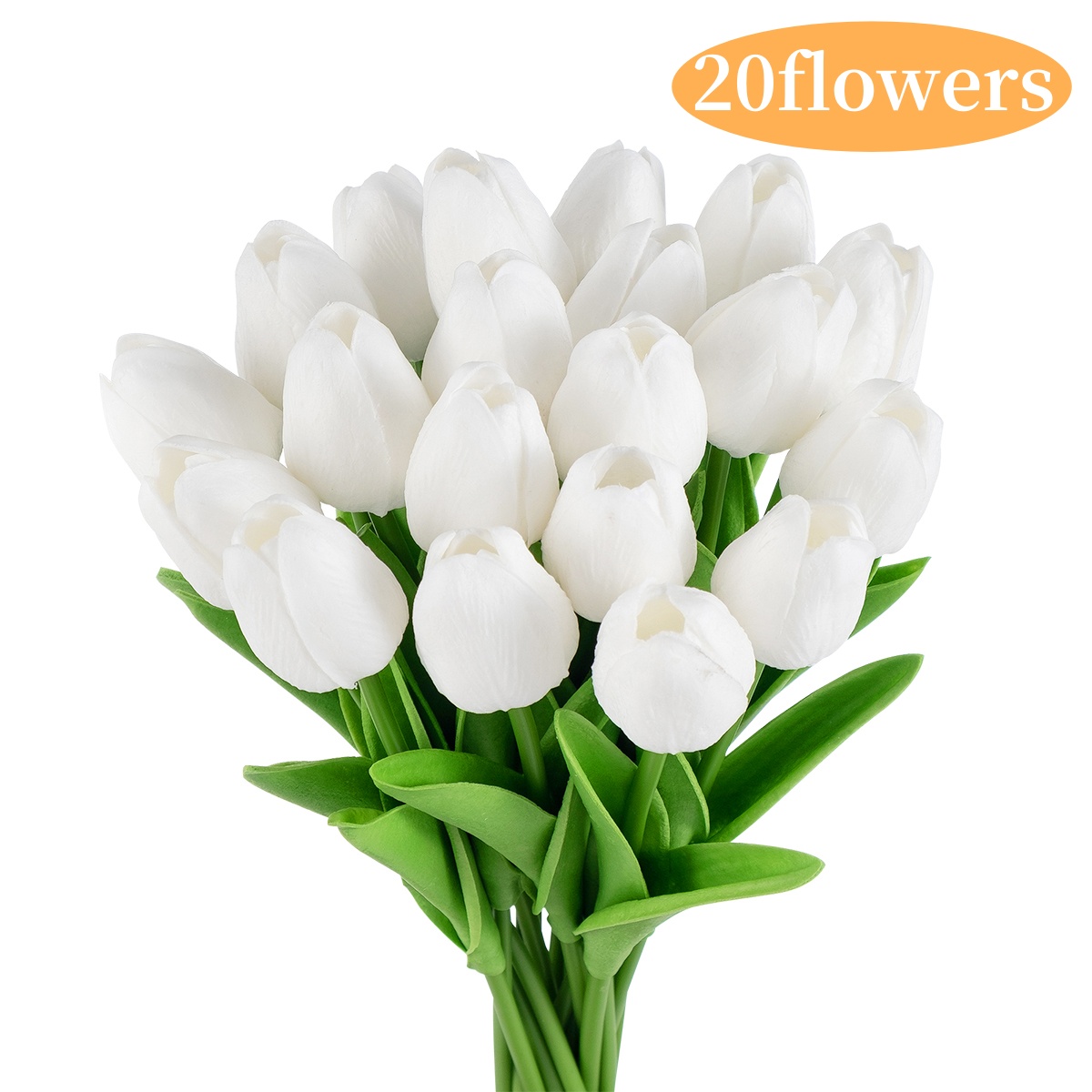 Kabuer Faux Artificial Tulips, Fake Flowers for Home, Wedding, Gift for Mother's Day, 20 Pcs, White