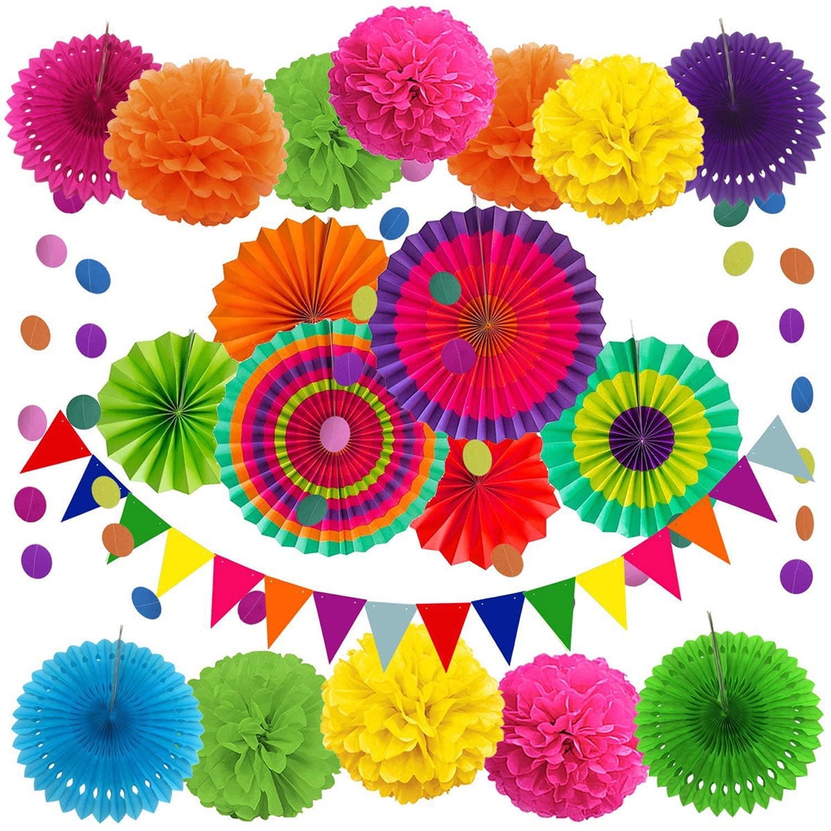 Kabuer Fiesta Paper Fan Set, Collection Featuring Paper Fans, Pom Poms, Pennants, Garlands, Banners, 20 Pcs