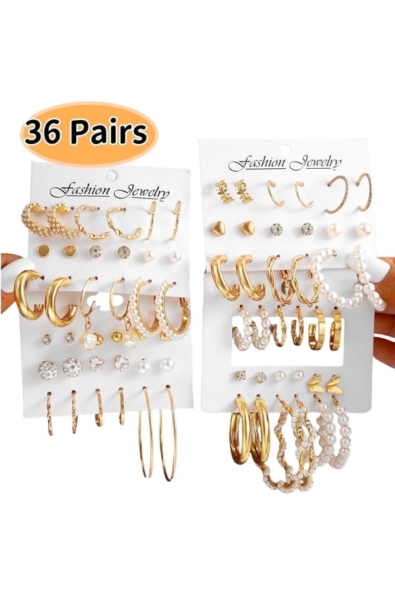 Gold Hoop and Pearl Stud Earrings Set, Fashion Jewelry, 36 Pairs