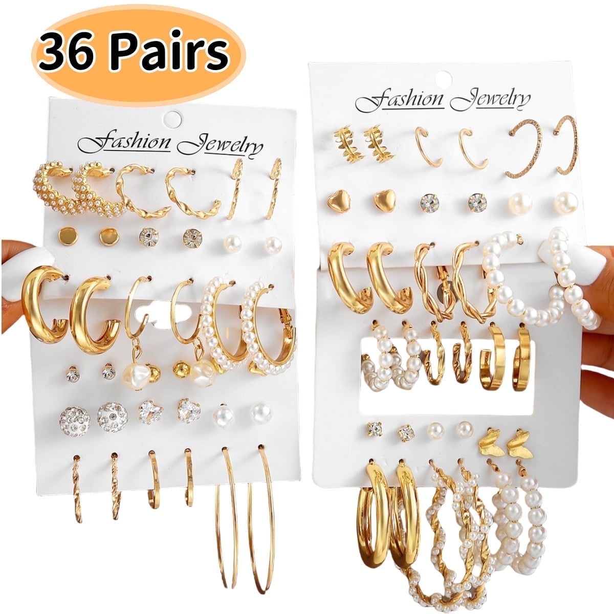 KABUER Gold Hoop and Pearl Stud Earrings Set, Fashion Jewelry, 36 Pairs