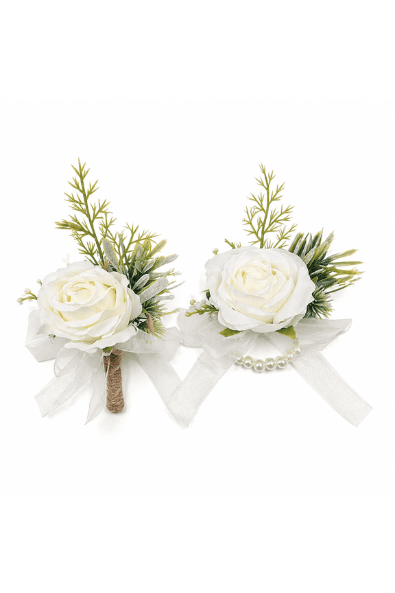 Ivory Rose Wrist Corsage and Matching Boutonniere Set for Wedding and Prom Flower Accessories