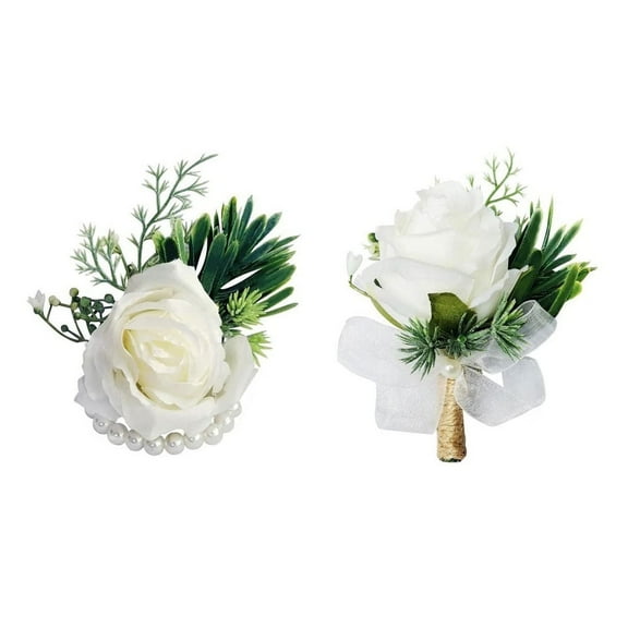 Kabuer Ivory Rose Wrist Corsage and Matching Boutonniere Set for Wedding and Prom Flower Accessories