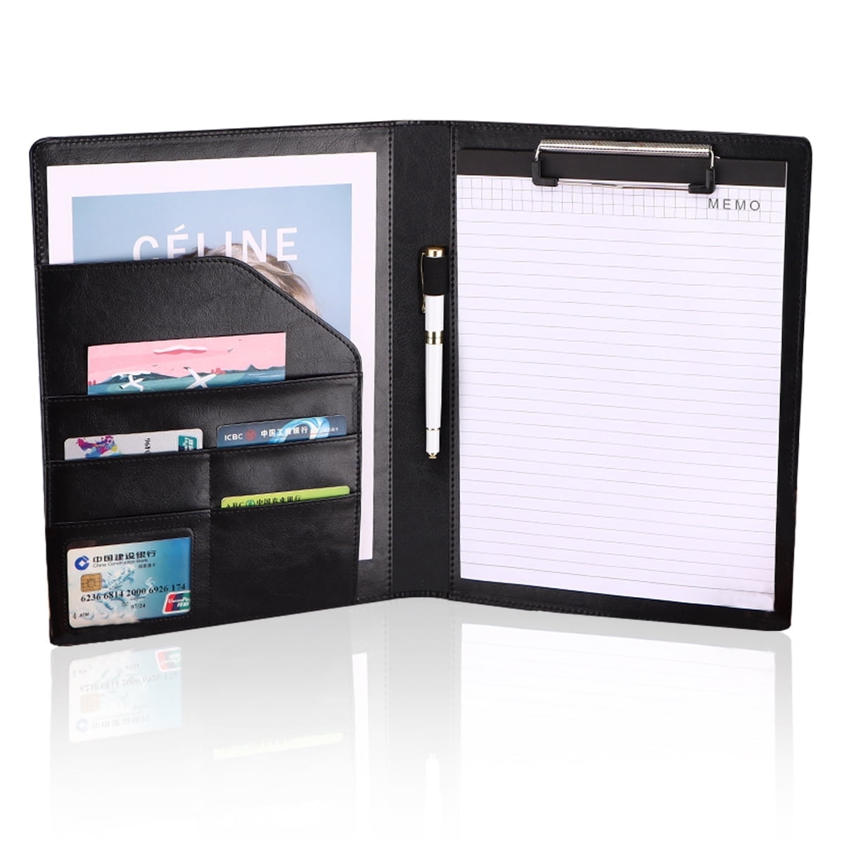 Kabuer Leather Padfolio Professional File Folder with Pen Holder, Black