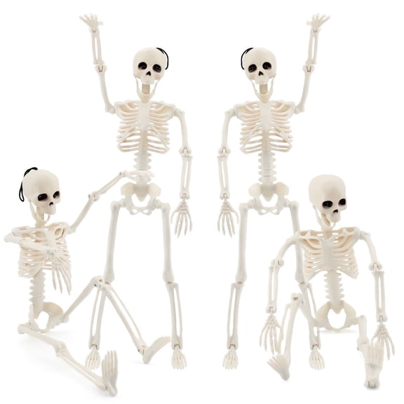 Posable Halloween Skeleton Decor, 4 Packs 16 Inches Full Body Posable Joints Hanging Skeletons for Halloween Haunted House Party Home Props Decorations