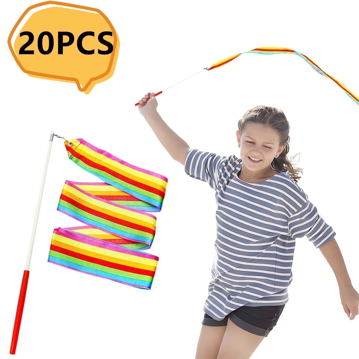 Kabuer Rainbow Ribbon Wands - 20 Pack for Party Favor, Themed Birthday, Gymnastics Dancing