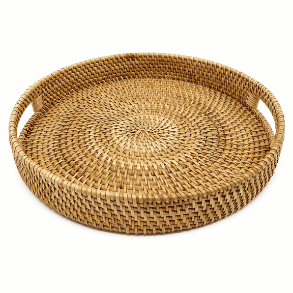 Kabuer Round Rattan Serving Tray, Decorative Woven Ottoman Tray with Handles for Coffee Table, 14 x 2.4 inch
