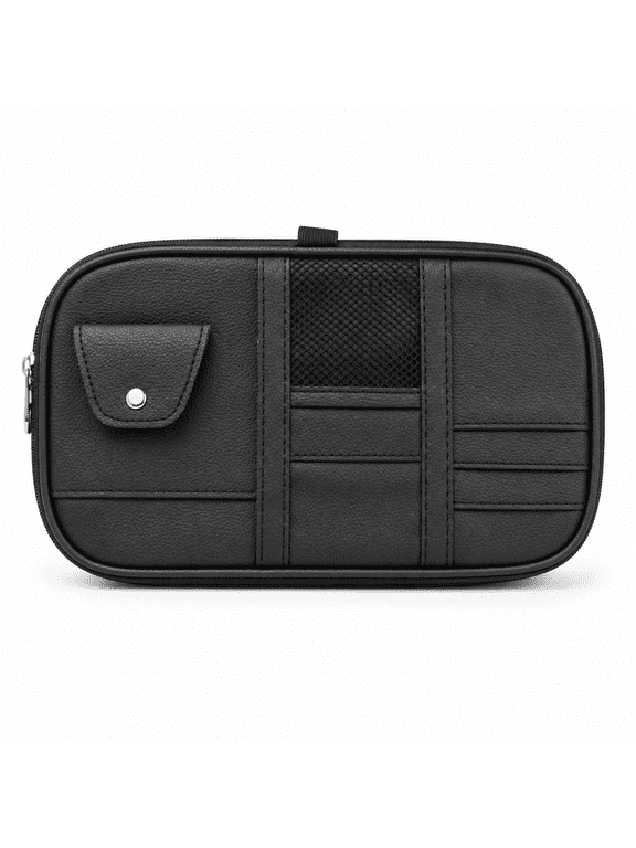 Sun Visor Organizer with Double Zippers and Glasses Clip, Black