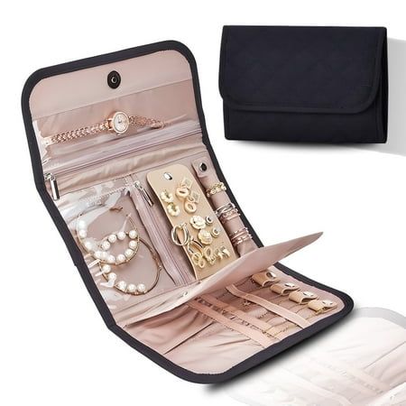 Kabuer Travel Jewelry Case, Foldable Jewelry Organizer for Earring, Ring, Necklace, Bracelet, Black