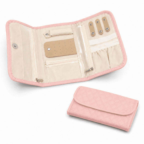 Kabuer Travel Jewelry Case, Foldable Jewelry Organizer for Earring, Ring, Necklace, Bracelet, Pink