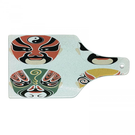 Kabuki Cutting Board, Cultural Drama Costumes with Orientals Mystic Details, Decorative Tempered Glass Cutting and Serving Board, Wine Bottle Shape, Multicolor, by Ambesonne