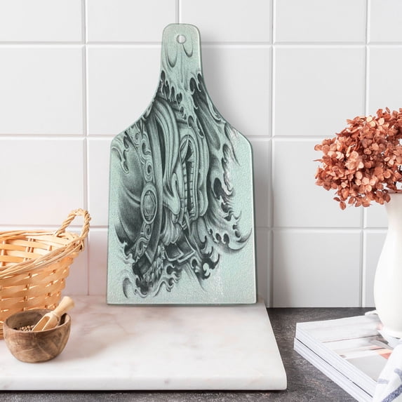 Kabuki Cutting Board, Warrior Samurai Drawing Style with Angry Expression Historical Art, Decorative Tempered Glass Cutting and Serving Board, Wine Bottle Shape, Black White, by Ambesonne