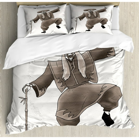 Kabuki Duvet Cover Set, Oriental Style Artist with Make up and Costume Pose Dance Art, Decorative 3 Piece Bedding Set with 2 Pillow Shams, King Size, Umber White, by Ambesonne