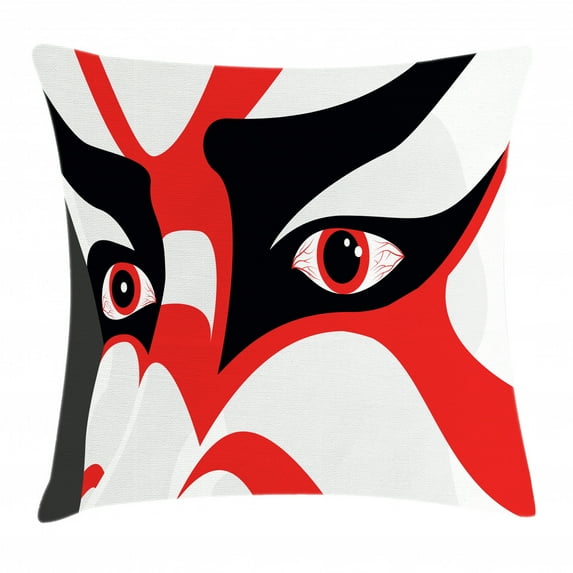 Kabuki Mask Decoration Throw Pillow Cushion Cover, Japanese Drama Kabuki Face with Dramatic Eyes Cultural Theater, Decorative Square Accent Pillow Case, 24 X 24 Inches, Black White Red, by Ambesonne
