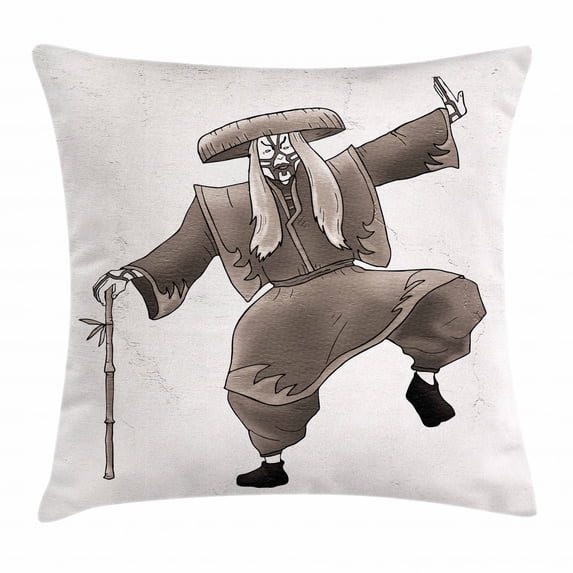 Kabuki Mask Decoration Throw Pillow Cushion Cover, Orient Style Artist with Makeup and Costume Pose Dance Ancient Art, Decorative Square Accent Pillow Case, 16 X 16 Inches, Umber White, by Ambesonne