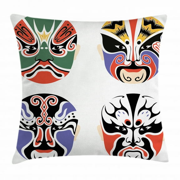 Kabuki Mask Decoration Throw Pillow Cushion Cover, Traditional Chinese Cultural Opera Mask Set Collection Asian Tribal, Decorative Square Accent Pillow Case, 16 X 16 Inches, Multicolor, by Ambesonne