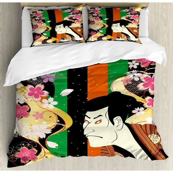 Kabuki Mask Duvet Cover Set King Size, Colorful Vertical Stripes and Fresh Spring Sakura Blooms and Actor Composition, Decorative 3 Piece Bedding Set with 2 Pillow Shams, Multicolor, by Ambesonne