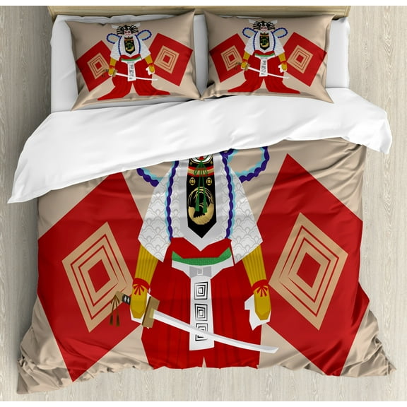 Kabuki Mask Duvet Cover Set Queen Size, Cartoon Kabuki Performer Figure on Stage Actor with Eastern Style Details Print, Decorative 3 Piece Bedding Set with 2 Pillow Shams, Multicolor, by Ambesonne