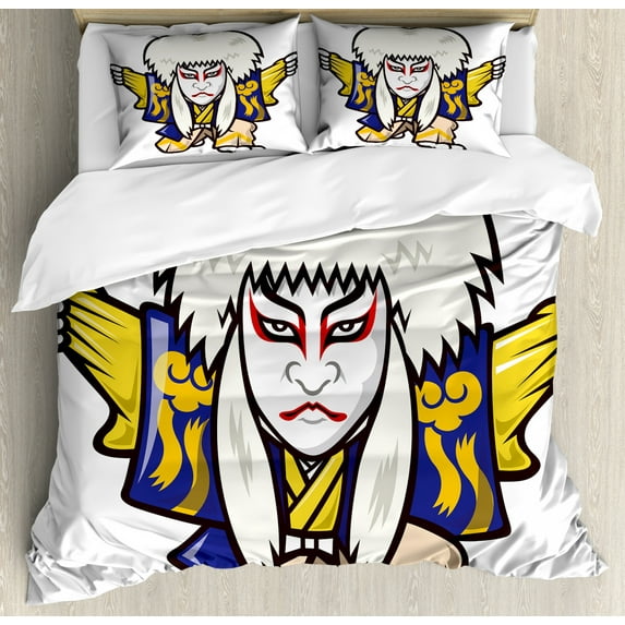 Kabuki Mask Duvet Cover Set Queen Size, Character with Kimono Costume Orient Elements Edo Era Arts Theater Play Print, Decorative 3 Piece Bedding Set with 2 Pillow Shams, Multicolor, by Ambesonne