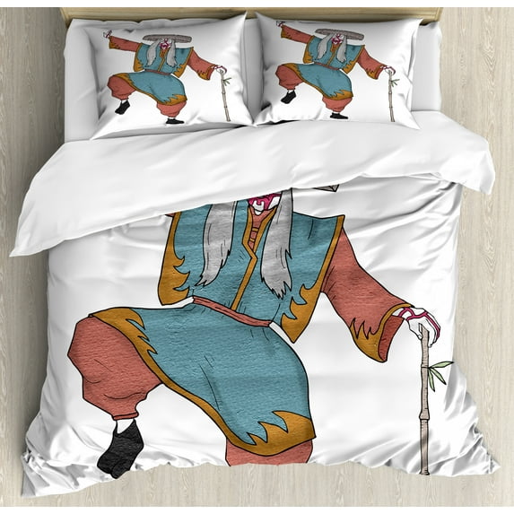 Kabuki Mask Duvet Cover Set Queen Size, Cultural Asian Character Posing with Traditional Hat Make Up and Costume Print, Decorative 3 Piece Bedding Set with 2 Pillow Shams, Multicolor, by Ambesonne
