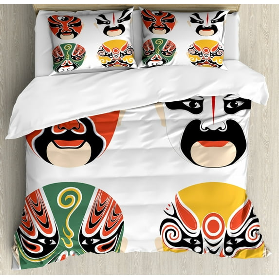 Kabuki Mask Duvet Cover Set Queen Size, Cultural Drama Costumes with Artistic Oriental Masks Ethnic Mystic Details, Decorative 3 Piece Bedding Set with 2 Pillow Shams, Multicolor, by Ambesonne