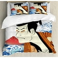 thumbnail image 1 of Kabuki Mask Duvet Cover Set Queen Size, Performer Portrait with Stylized Japanese Waves and Mount Fuji Illustration, Decorative 3 Piece Bedding Set with 2 Pillow Shams, Multicolor, by Ambesonne, 1 of 3