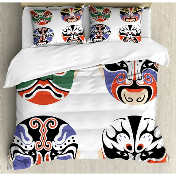 Kabuki Mask Duvet Cover Set Queen Size, Traditional Chinese Cultural Opera Mask Composition Asian Tribal Art Theme, Decorative 3 Piece Bedding Set with 2 Pillow Shams, Multicolor, by Ambesonne