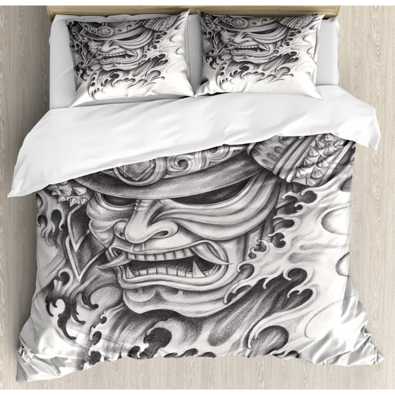 Kabuki Mask Duvet Cover Set Queen Size, Warrior Samurai Drawing Style with Angry Expression Historical Figure Artwork, Decorative 3 Piece Bedding Set with 2 Pillow Shams, Black White, by Ambesonne