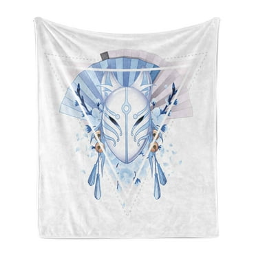 Kabuki Soft Flannel Fleece Throw Blanket, Fox Form Kitsune Japan Culture Theme Triangle Sakura Flowers, Cozy Plush for Indoor and Outdoor Use, 50" x 60", Pale Blue White Beige, by Ambesonne