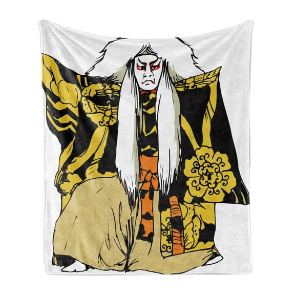 Kabuki Soft Flannel Fleece Throw Blanket, Japan Traditional Performing Arts Character Actor Illustration Print, Cozy Plush for Indoor and Outdoor Use, 50" x 60", Multicolor, by Ambesonne