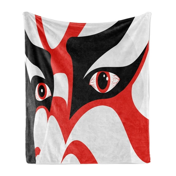 Kabuki Soft Flannel Fleece Throw Blanket, Japanese Drama Theme Kabuki Face with Dramatic Eyes Cultural Theater, Cozy Plush for Indoor and Outdoor Use, 50" x 60", Black White Orange, by Ambesonne