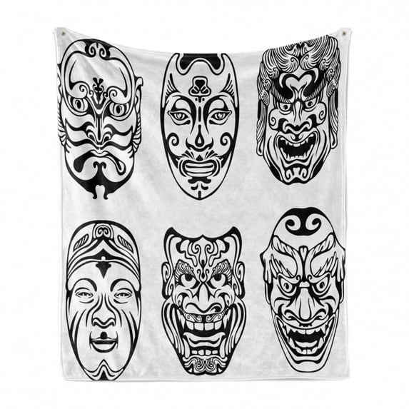 Kabuki Soft Flannel Fleece Throw Blanket, Japanese Nogaku Theatricals Showing Emotions Expressions Culture, Cozy Plush for Indoor and Outdoor Use, 60" x 80", Black and White, by Ambesonne