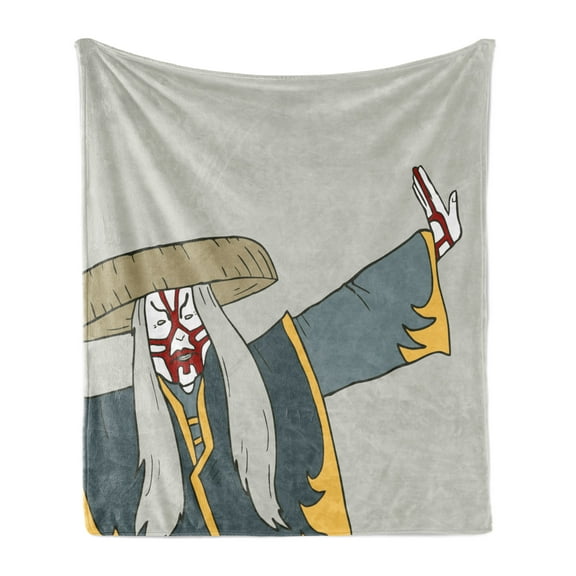 Kabuki Soft Flannel Fleece Throw Blanket, Old Japanese Person Performing Arts in the Far Design Elements, Cozy Plush for Indoor and Outdoor Use, 50" x 70", Multicolor, by Ambesonne