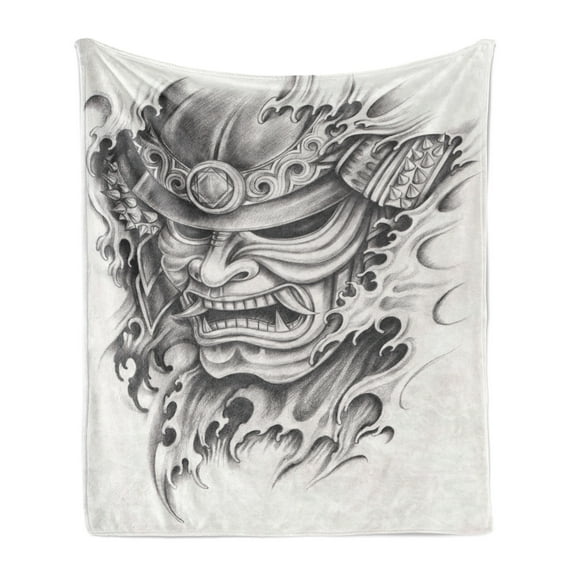 Kabuki Soft Flannel Fleece Throw Blanket, Warrior Samurai Drawing Style with Angry Expression Historical Artwork, Cozy Plush for Indoor and Outdoor Use, 60" x 80", Black White, by Ambesonne