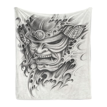 Kabuki Soft Flannel Fleece Throw Blanket, Warrior Samurai Drawing Style with Angry Expression Historical Artwork, Cozy Plush for Indoor and Outdoor Use, 70" x 90", Black White, by Ambesonne