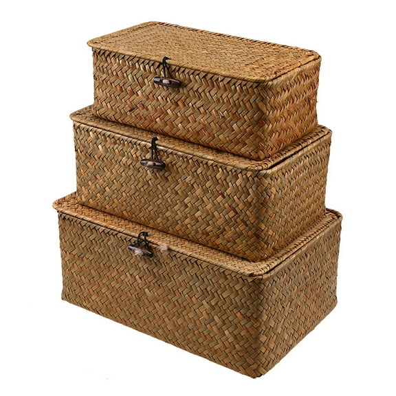 Kacaiy 3Pcs Woven Rattan Storage Baskets with Cover Large Capacity Natural Style Wicker Storage Baskets Stackable Sundries Storage Boxes