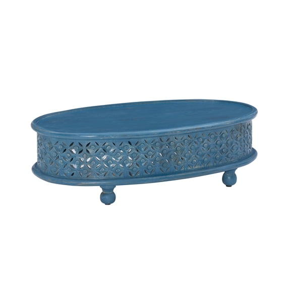 Kacey Carved Wood Oval Coffee Table, Blue