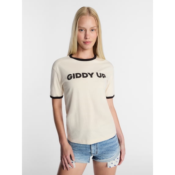 Kacey Lee Women's Giddy Up Graphic Ringer Tee with Short Sleeves, Sizes XXS-XXL
