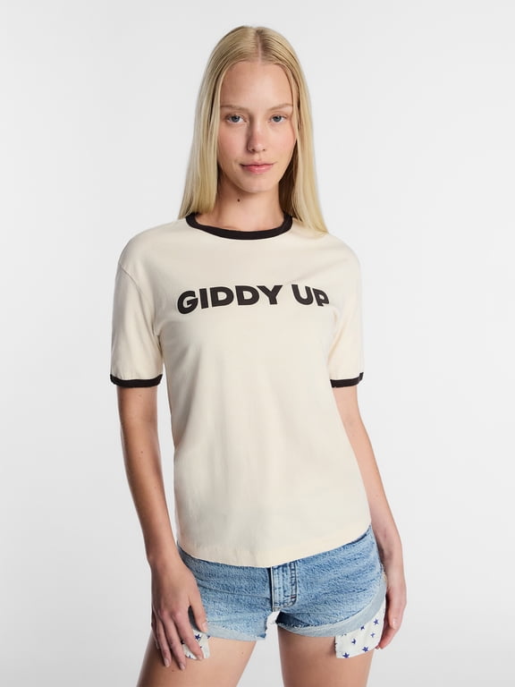 Women's Giddy Up Graphic Ringer Tee with Short Sleeves, Sizes XXS-XXL
