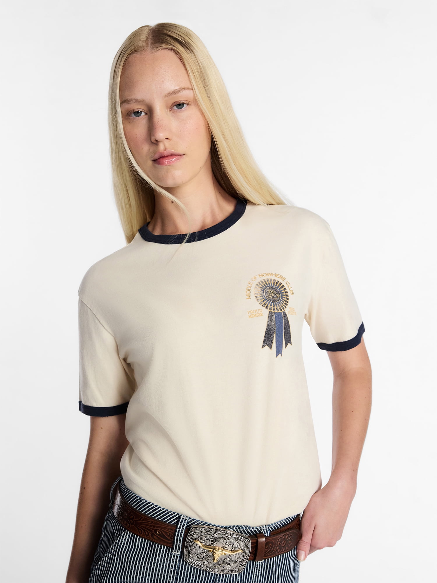 Kacey Lee Women's Middle of Nowhere Ribbon Graphic Ringer Tee, Sizes XS-XXL