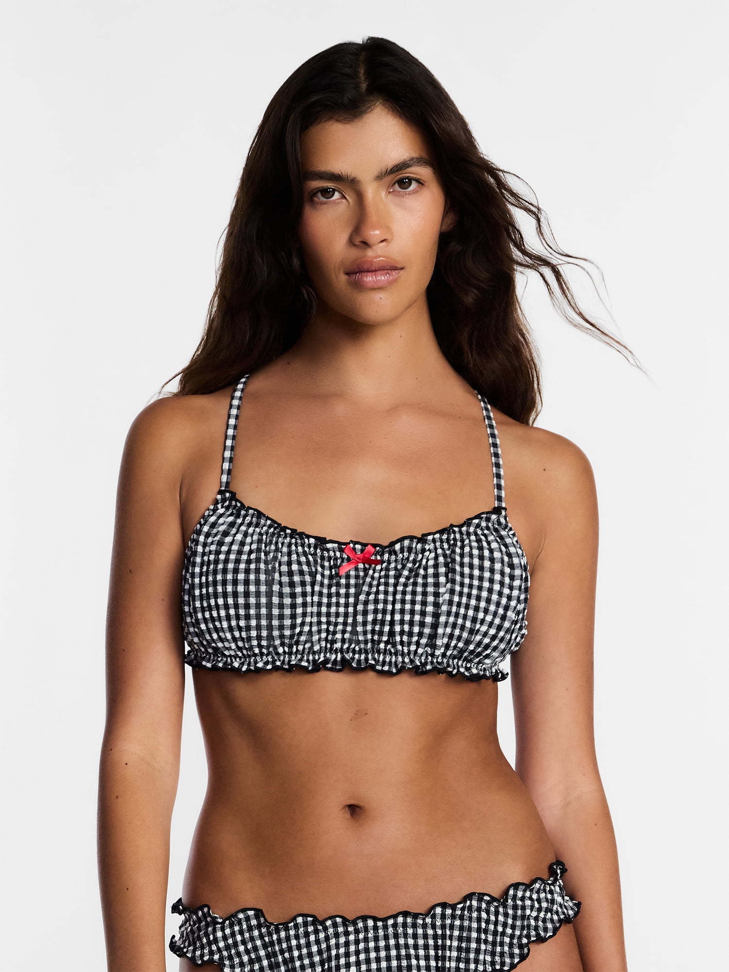Kacey Lee Women's and Women's Plus Lettuce Edge Bikini Top with Bow, Sizes XS-3X