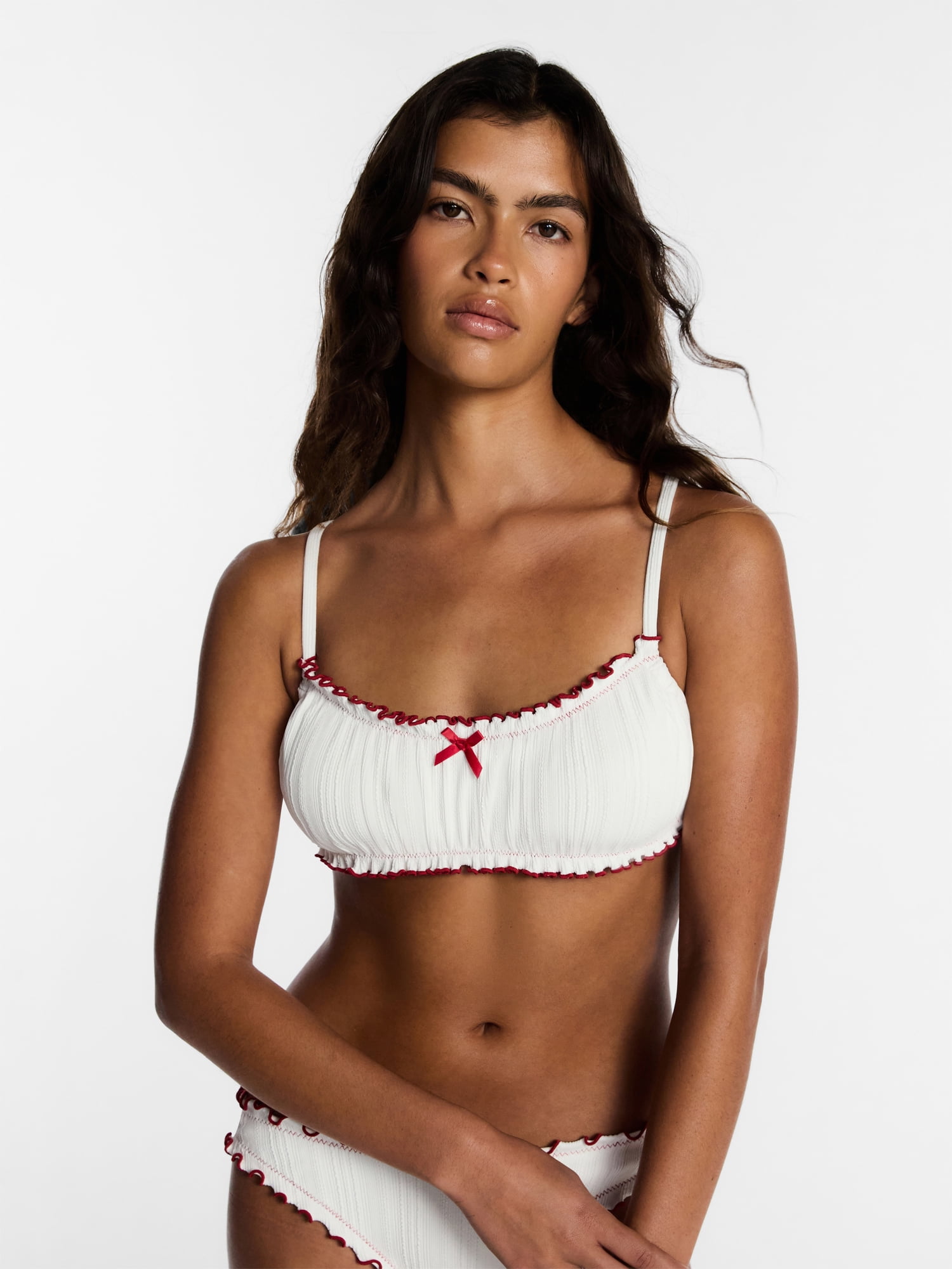 Kacey Lee Women's and Women's Plus Lettuce Edge Bikini Top with Bow, Sizes XS-3X