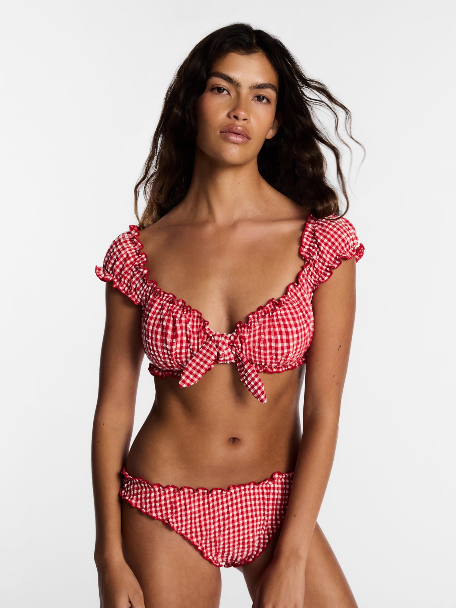 Kacey Lee Women's and Women's Plus Tie Front Bra Bikini Top with Cap Sleeves, Sizes XS-3X