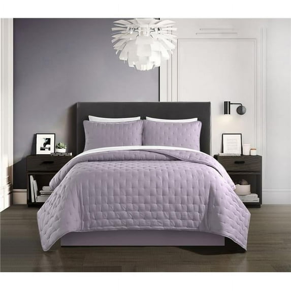 Kaceyn 3 Piece Quilt Set with Tufted Cross Stitched Design Bedding - Pillow Shams, Lavender - Queen Size
