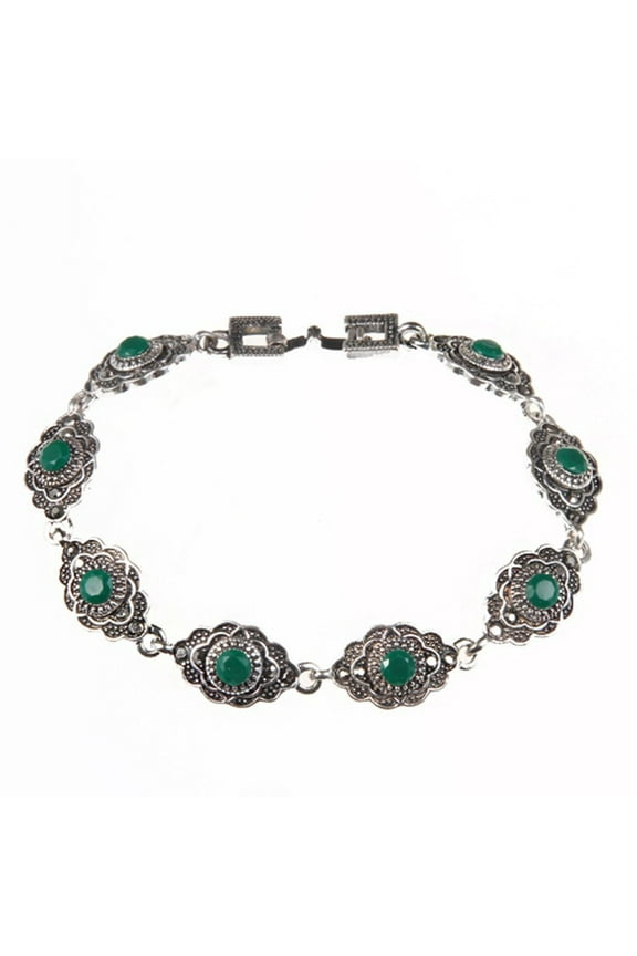 Bracelets for Women, Vintage Chain Link Silver Plated Green Stone Flower Design Marcasite Bangle Bracelets Jewelry Gift