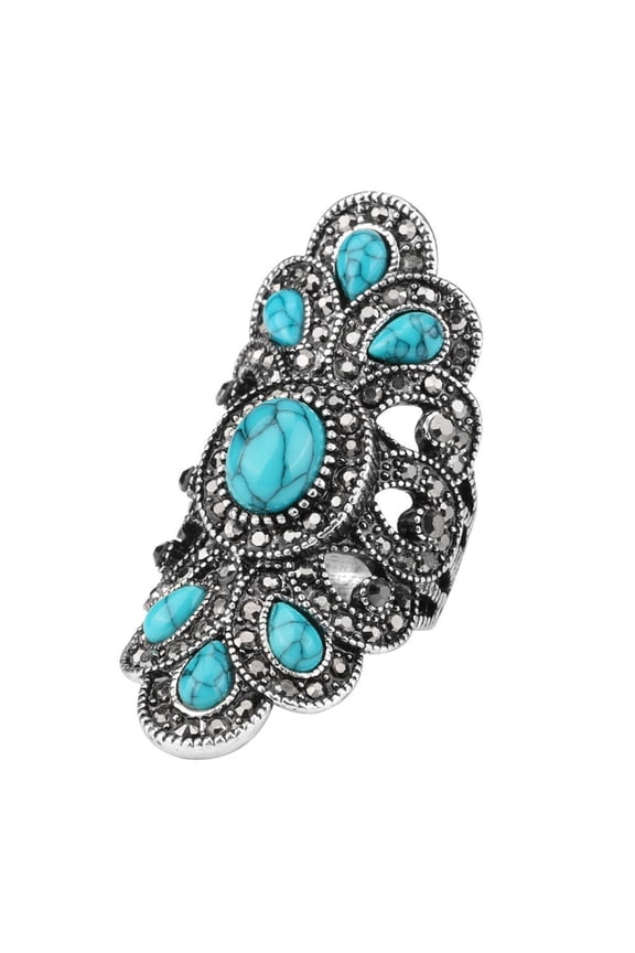 Vintage Waterdrop Turquoise Statement Ring for Women and Men Silver Plated Boho Rings for Women Retro Jewelry Size 8